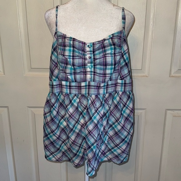 Torrid Turquoise And Purple Plaid Smocked Back Tank Top - Picture 1 of 5